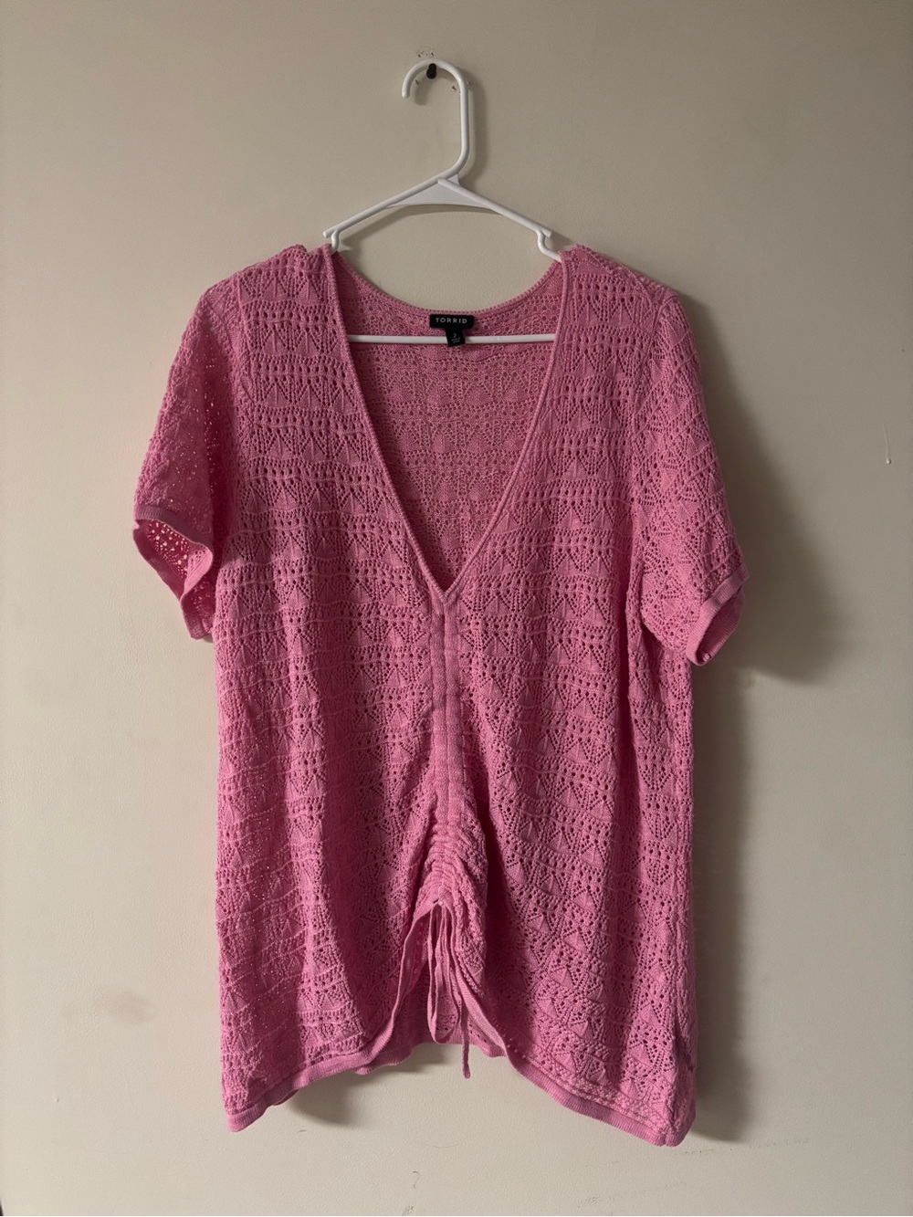 Torrid Size 2 Pink Crochet Knit Ruched Front Top Boho Cottagecore